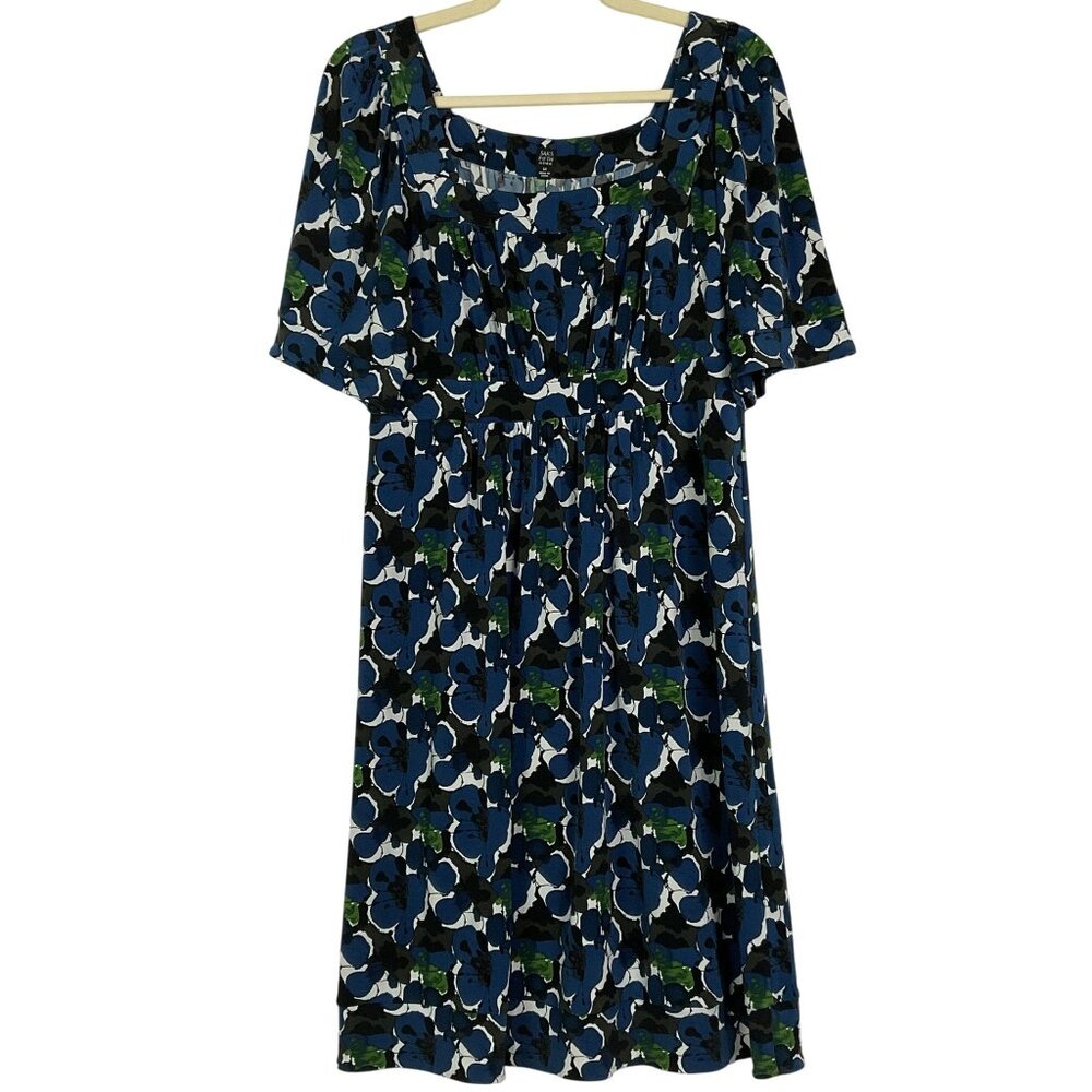 Saks Fifth Avenue Blue Green Floral Midi Dress Medium Square Neck Flutter Sleeve